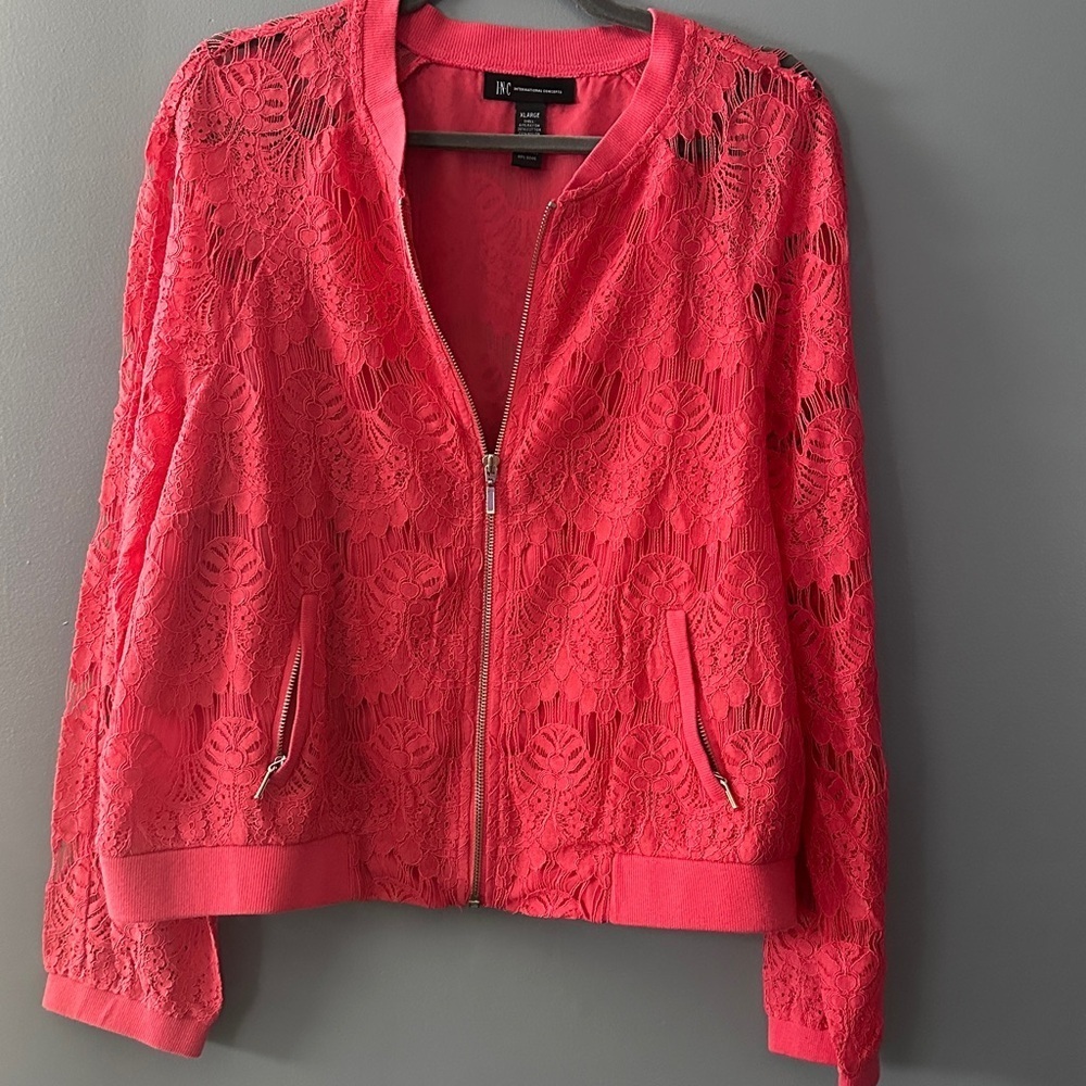 INC International Concepts Coral zip up jacket size XL lace sleeves cottagecore